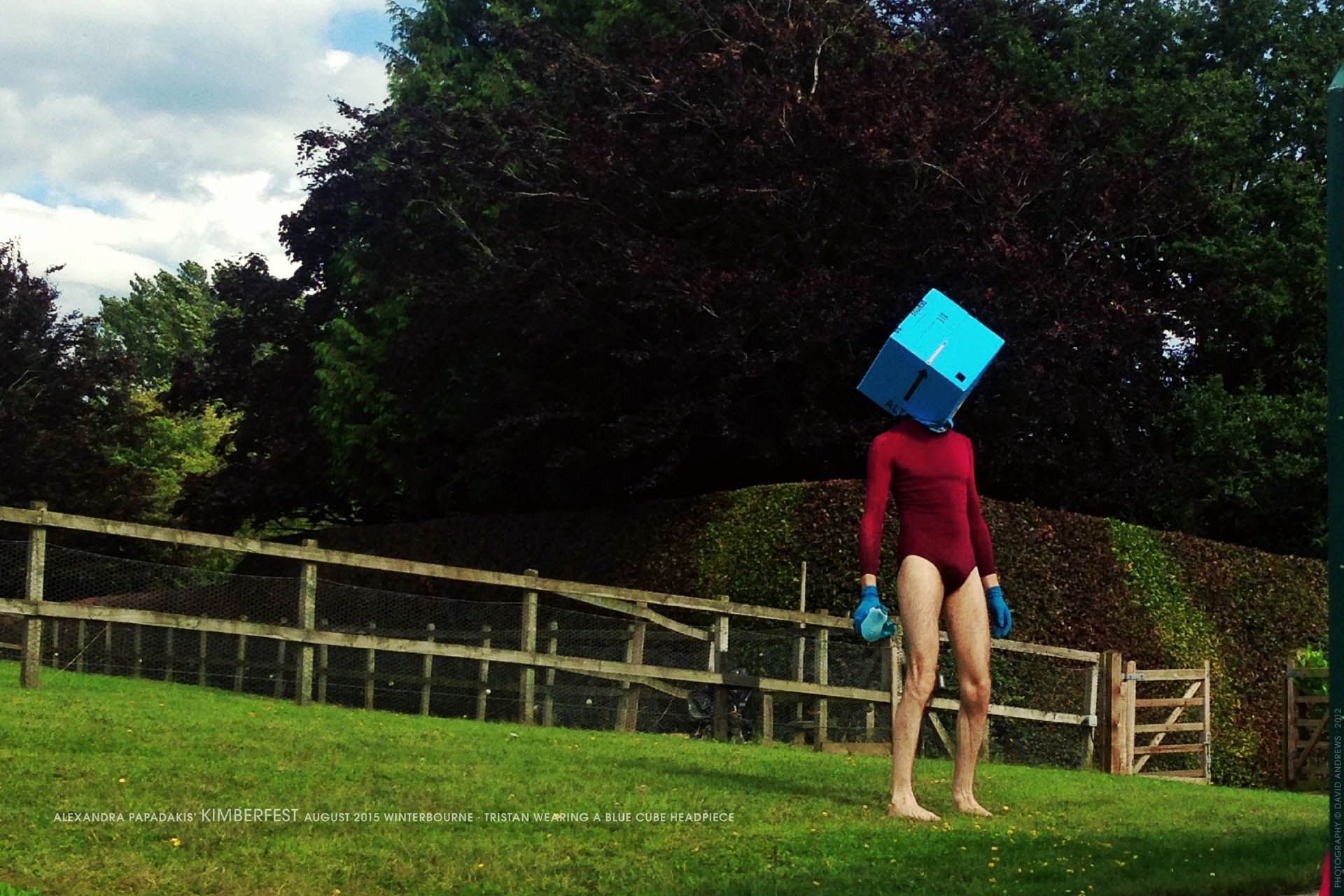 Alexandra Papadakis KIMBERFEST August 2015 Winterbourne, Tristan V Christann wearing a blue cube headpiece